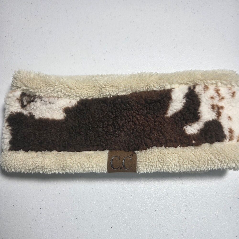 ​C.C Girlie Girl Originals Headband Ear Warmer Cow Print Faux Fur Sherpa Fleece